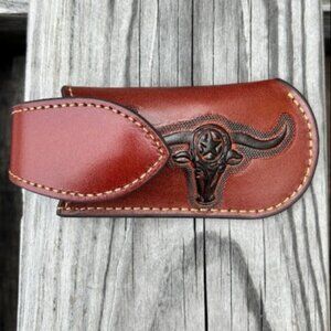 Brown Leather Embossed Longhorn Design Large Knife Sheath